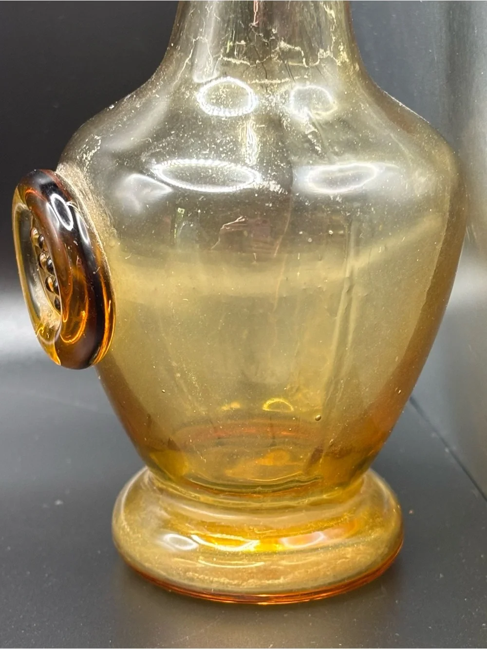 Vintage Amber Glass Bud Vase Applied Grape Seal Medallion MCM 13” Solifleur